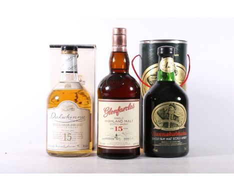 Three bottles of whisky to include GLENFARCLAS 15 year old Highland single malt Scotch whisky 46% abv. 70cl, DALWHINNIE 15 ye