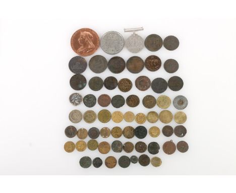 Group of tokens, conders and medallions to include a UK Queen Victoria diamond jubilee medal 1897, large size struck in coppe