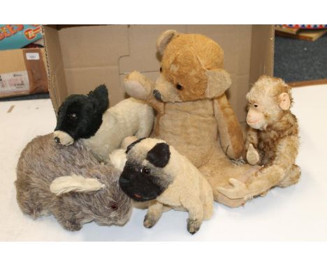 Steiff yes no type monkey with button in ear, a soft toy pug dog toy, another, a bear and a rabbit model. (5)