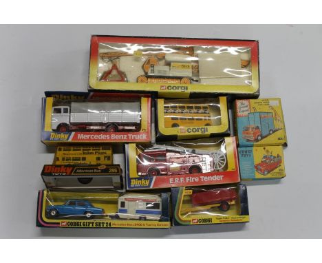 Dinky Toys 266 ERF Fire Engine, 940 Mercedes Benz Truck, 295 Atlantean Bus, Corgi Toys GS24 Mercedes Benz 240D and Touring Ca