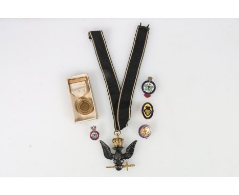 Masonic Rose Croix 30th degree neck badge [A BALLANTYNE], a WWI British Red Cross war service medal in original box, Seaforth