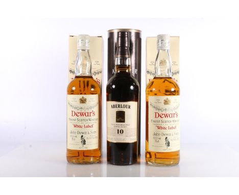 Two bottles of DEWAR'S WHITE LABEL blended Scotch whisky 75cl 43.5% abv. boxed and a bottle of ABERLOUR 10 year old single ma