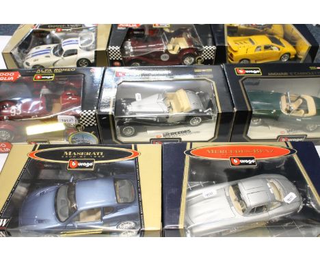 Eight Burago 1:18 scale diecast model vehicles to include 3206 Jaguar SS 100 (1937), 3041 Lamborghini Diablo 1990, 3013 Merce