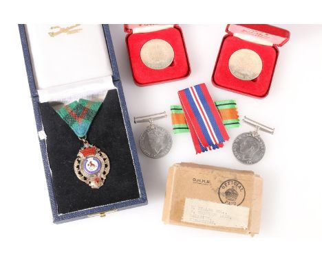 Medals of R Miller of Dalkeith comprising WWII war medal and Defence medal in cardboard issue box [R MILLER ESQ 3 WOODBURN LO