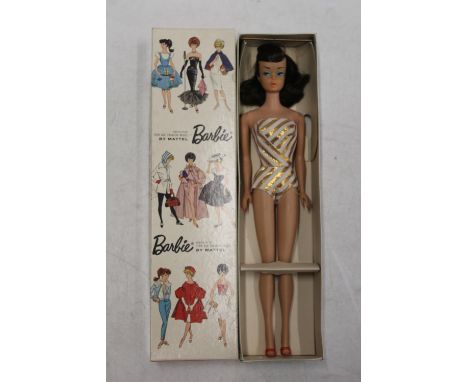 1960s Mattel Inc Toymakers Barbie doll no: 850 'Brunette Ponytail' Teen Age Fashion Model with Pedestal, in striped dress and