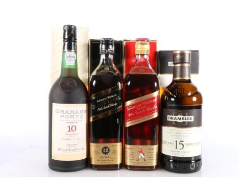 DRAMBUIE 15 year old Speyside malt whisky liqueur 70cl 43% abv. boxed, JOHNNIE WALKER Red Label blended Scotch whisky 75cl 43