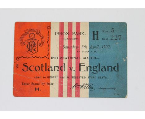 1902 Ibrox Park disaster, a Scotland vs England International football match day ticket, Saturday 5th April 1902, Block H Row