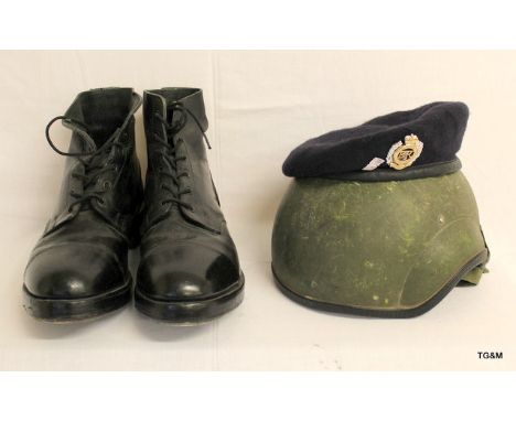 AFV crew Helmet, British Army Ammunition Boots size 11m, Beret with Royal Engineers badge