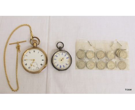 A Denison cased pocket watch with a 1937 Swiss movement, a ladies silver & enamel pocket watch and 14 silver threepenny bits 