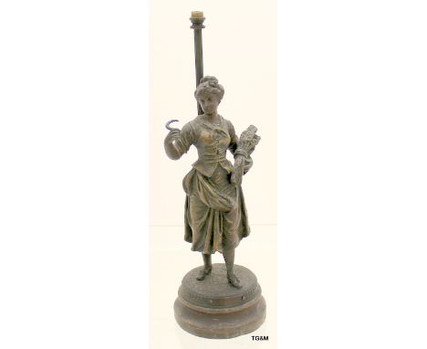French spelter lamp figure of girl with corn and sickle 30cm high
