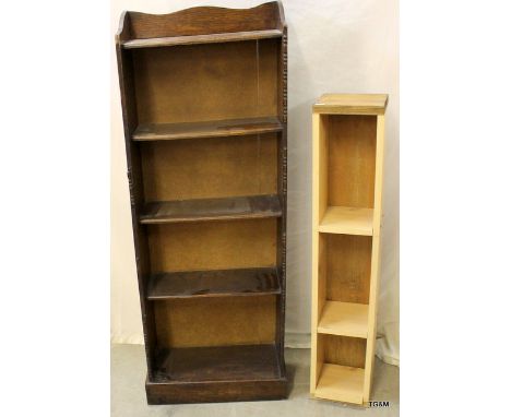 A bookcase with 4 shelves in oak 107 x 38 x 16cm and a slim 3 shelf storage piece 84cm high