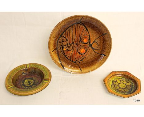 3 signed items of Poole Pottery of the Aegean series depicting a fish and abstract designs