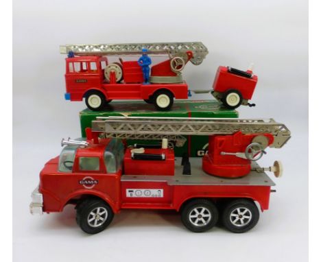 GAMA / Fürth, Feuerwehrwagen mit Pumpanhänger im orig. Karton, Friktionsantrieb intakt undgroßes Feuerwehrauto, Blech/Kunstst