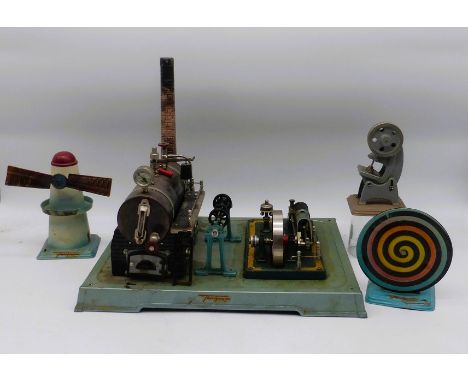 Dampfmaschine "Fleischmann " und Zubehör, 1960er Jahre, lithografiertes Blech,Spielspuren, Funktion n. gepr., Bodenplatte 34c