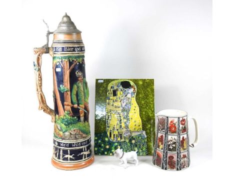 An unusually large German stein, 61cm high, together with a Benaya tile of a Klimt, jug and Royal Copenhagen porcelain model 