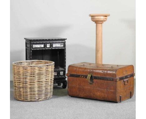 An oriental inlaid cabinet, together with a 19th century tin trunk, a log basket and a pine torchere (4)64w x 42d x 40h cm tr