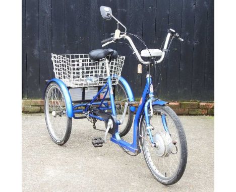 A Powabyke blue electric tricycle, with chargerTHis is in working order and has a charger. Does show general signs of use and