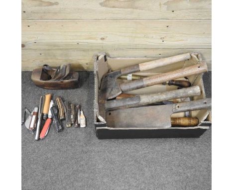 A collection of vintage hand tools, together with pruning and folding pocket knives