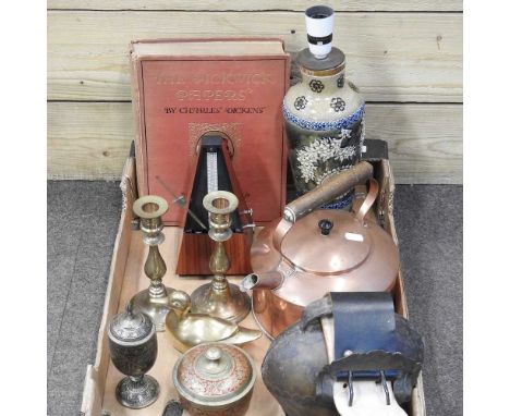 A cow bell, on a leather strap, together with a Doulton stone ware lamp base and various metalwares