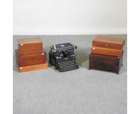 An early 20th century wooden box, together with various others and an early 20th century Royal typewriter
