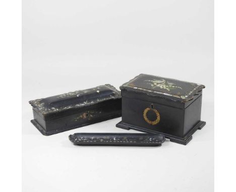 A 19th century papier mache pen tray, with gilt and mother of pearl decoration, by Jennens &amp; Bettridge, together with a p
