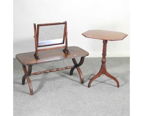 A coffee table, together with a tripod table and a toiletry mirror (3)92w x 41d x 43h cm