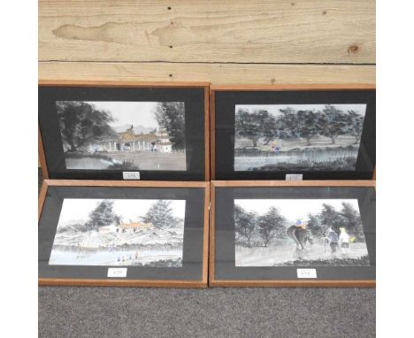 Chinese school, early 20th century, four landscapes, watercolour on paper, each signed with a seal, 128 x 27cm