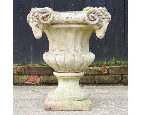 A cast stone campana style garden planter with rams head masks50w x 50d x 66h cm