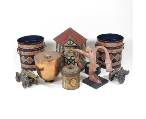 A 19th century Victory liquorice tin, in the form of a cottage, with a hinged lid, 24cm high, together with a 19th century co