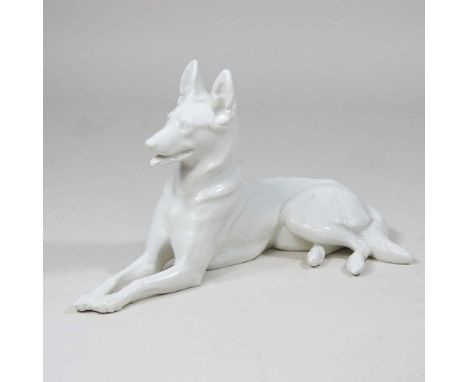 A Nymphenburg blanc de chine porcelain model of an alsatian, marked Karner, 25cm longDirty but complete. Clearly marked to un