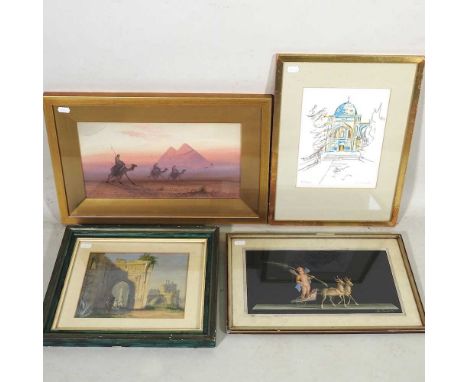 R W Thurston, Nishapur, sketch, signed in pencil, 25 x 19cm, together with A. Bisogno, cherub in a chariot, gouache, continen