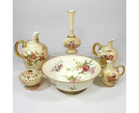 A 19th century Royal Worcester blush ivory porcelain jug, shape 1094, decorated with flowers, 18cm high, together with a coll