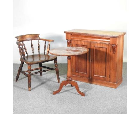 An early 20th century elm seated smokers bow armchair, together with a Victorian mahogany chiffonier, 91cm wide and a tripod 