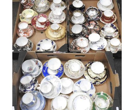 A large collection of mainly 19th century English teacups and saucersSpode blue and white saucer cracked. Worcester blue and 