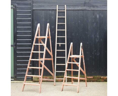 A wooden ladder, together with two wooden step ladders (3)