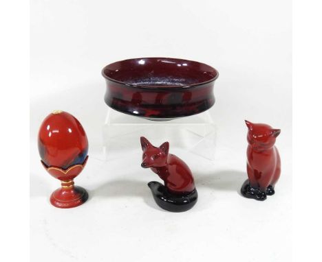 A Royal Doulton flambe glazed limited edition egg on stand, no3438, 15cm high, together with Royal Doulton flambe bowl, 8102,