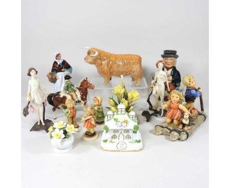 A Royal Doulton figure Country Lass, HN1991, together with a collection of Goebel figures, a Beswick highland bull, a Beswick