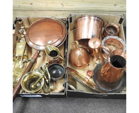 A collection of 19th century and later copper and brass, to include a warming pan, pestle and mortar and fire tools