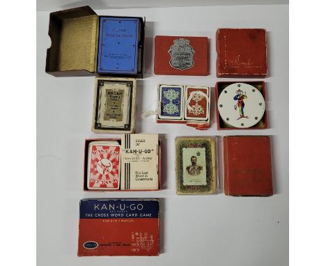 Collection of vintage playing cards including a vintage patience mini game with 2 sets of cards and the booklet (Qty) 