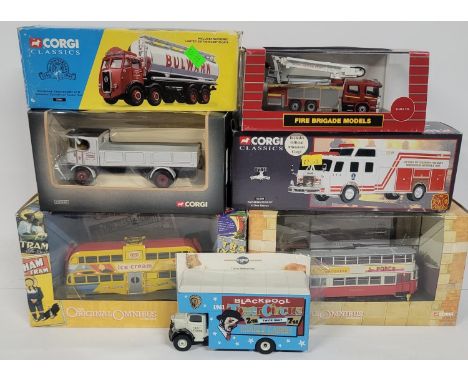 Collection of seven die cast trucks and buses including corgi Bulwark transportation (7) 