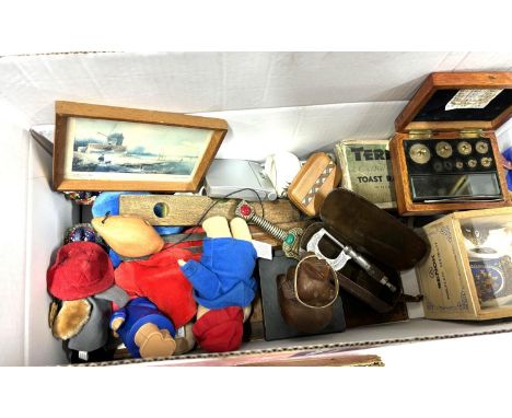 Collection of misc including bears and weighting scales 
