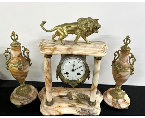 Antique French ornate marble mantle clock with matching garniture 
