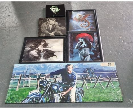 Qty of prints and canvases including Gothic and James Dean 