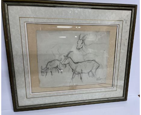 Attributed to Sir Alfred Munnings, pencil sketch of goats, framedThe sketch measures 26cm x 32cm 