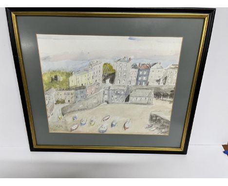 Attributed to Margaret Mellis watercolour of a Boatyard scene, initialed M M, framed 29cm x 36cm