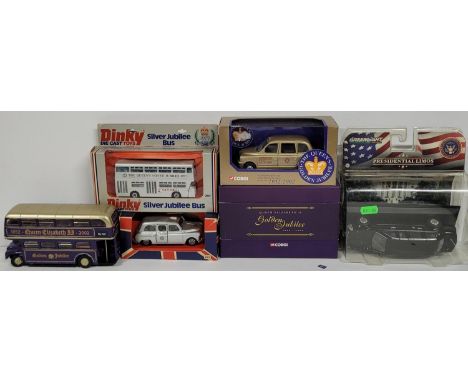 Collection of die cast models including greenlight Cadillac limo and "gold plated" corgi tram (Qty) 