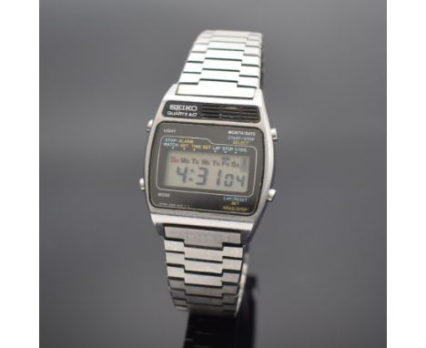 SEIKO A159 Alarm Chronograph frühe Armbanduhr mit LCD-Anzeige in Stahl/Stahlband,  Japan lt. Rechnungskopie verk. 11/1977, to