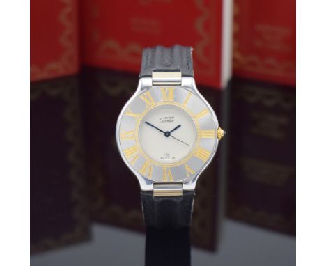 CARTIER Armbanduhr Linie 21,  Schweiz um 2000, Edelstahlgeh. inkl. orig. Lederband m. orig. Faltschl., quarz, Lünette m. grav