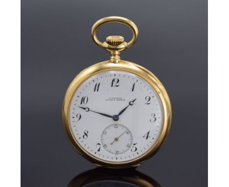 ULYSSE NARDIN offene Herrentaschenuhr in GG 750/000,  Schweiz um 1920, guill. 2-Deckel Goldgeh. dell., 2-tlg. Emailzifferbl. 