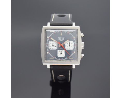 HEUER Monaco Armbandchronograph Referenz 73633, Handaufzug, Schweiz um 1970, massiv Edelstahl Stülpgeh., anthrazit graues Zif